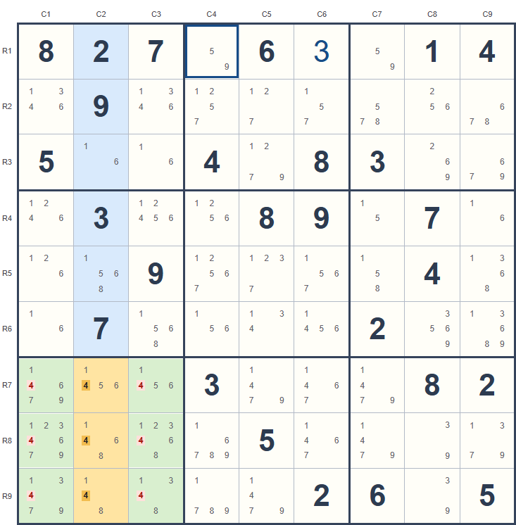 Claiming candidates example on the Sudoku board, with candidates and highlighted cells.