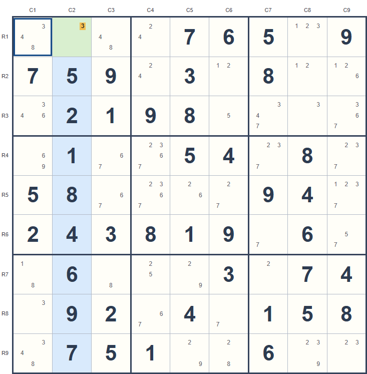 A full-house hint on the Sudoku.st board.