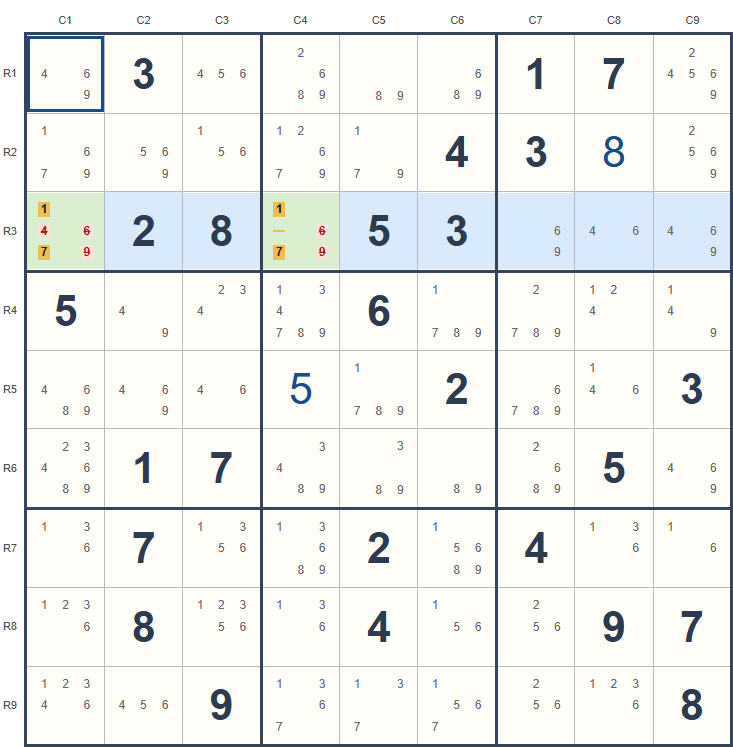 Hidden pair example on the Sudoku board, with candidates and highlighted cells.