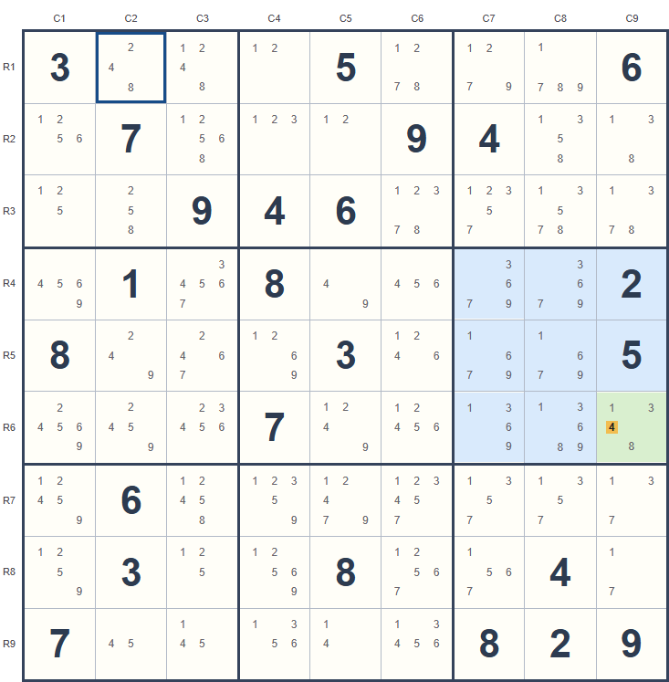 Hidden single example on the Sudoku board, with candidates and highlighted cells.