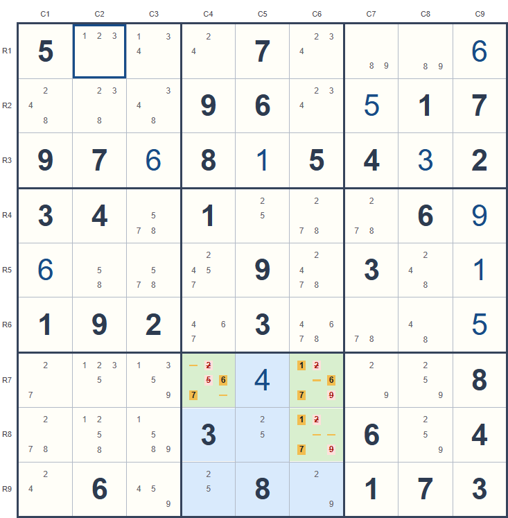 Hidden triple example on the Sudoku board, with candidates and highlighted cells.