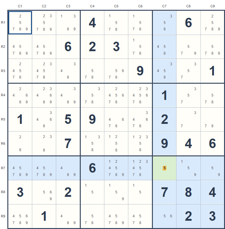The Sudoku.st board showing candidates and a naked-single hint.