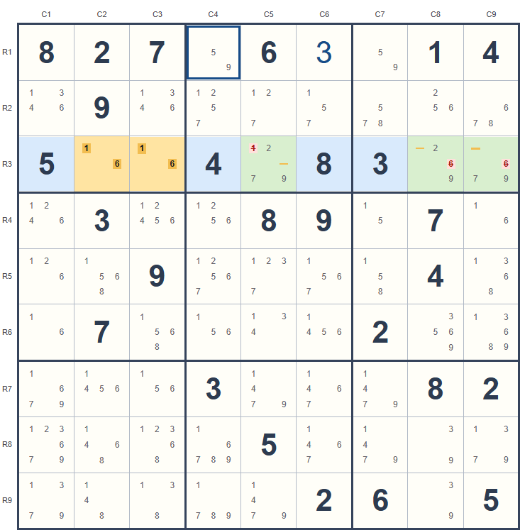 Naked pair example on the Sudoku board, with candidates and highlighted cells.