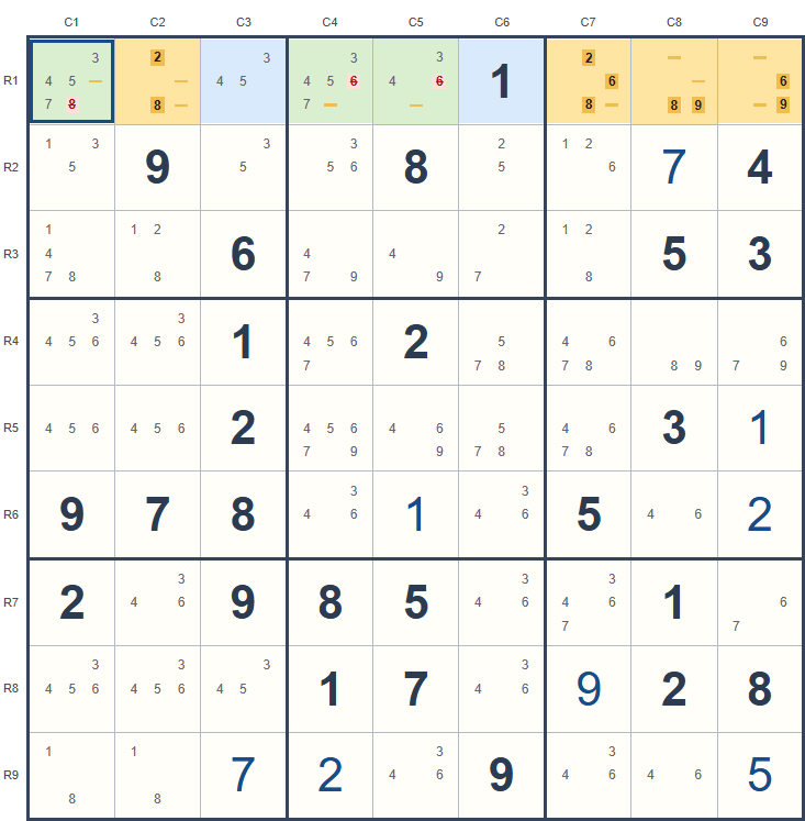 Naked quad example on the Sudoku board, with candidates and highlighted cells.