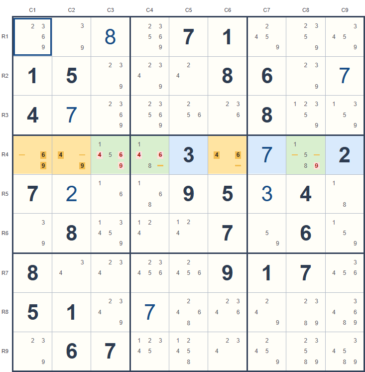 Naked triple example on the Sudoku board, with candidates and highlighted cells.