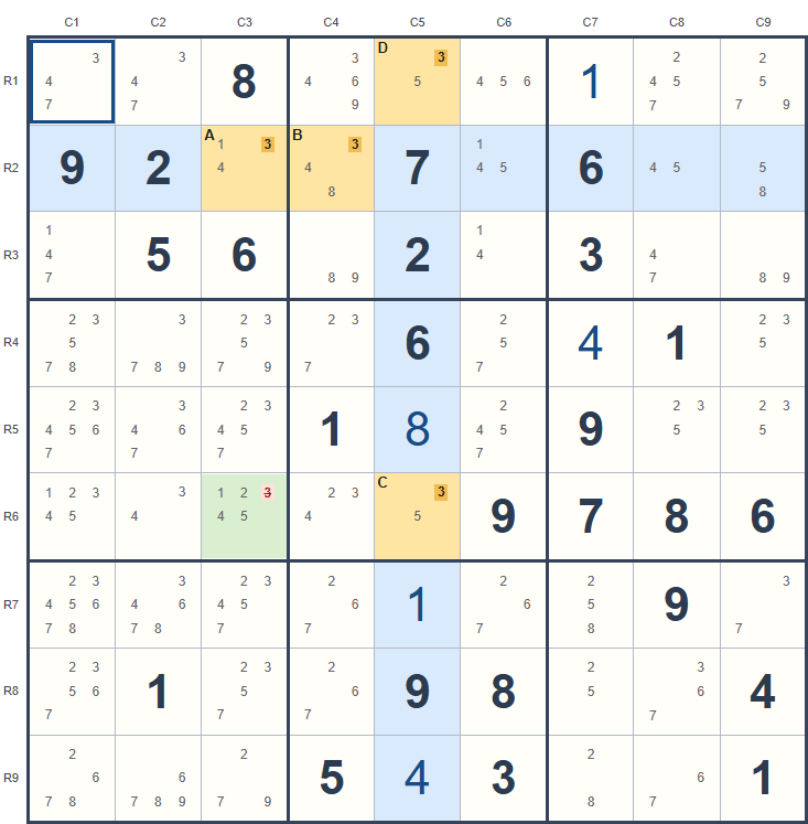 Two strong links example on the Sudoku board, with candidates and highlighted cells.