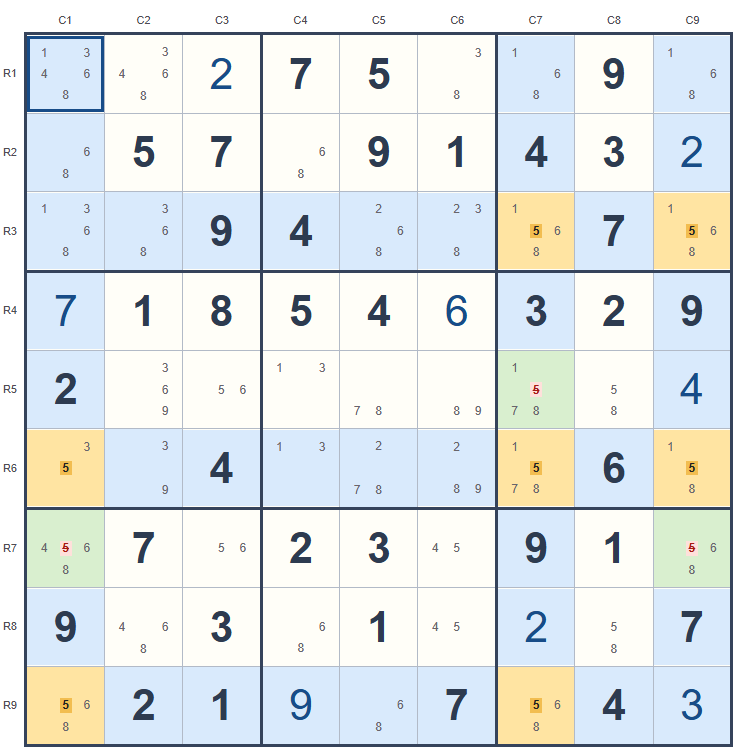 Swordfish example on the Sudoku board, with candidates and highlighted cells.