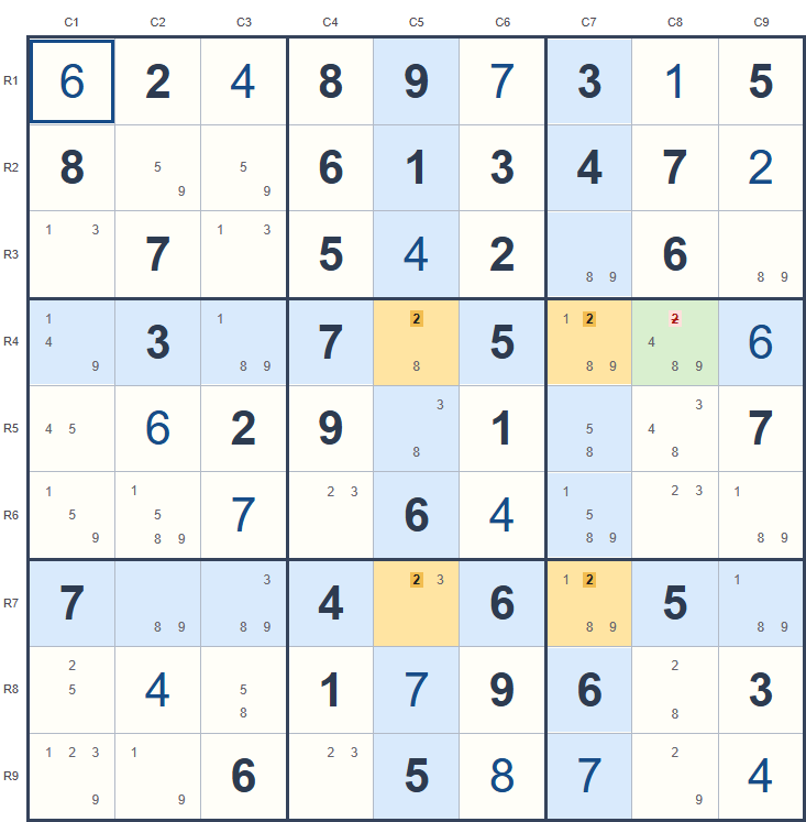 X-Wing example on the Sudoku board, with candidates and highlighted cells.